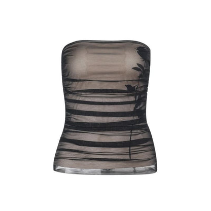 Ruched mesh flower pattern tube top