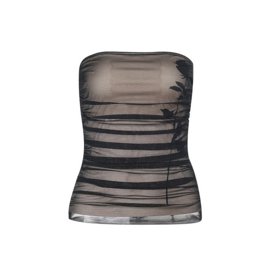 Ruched mesh flower pattern tube top