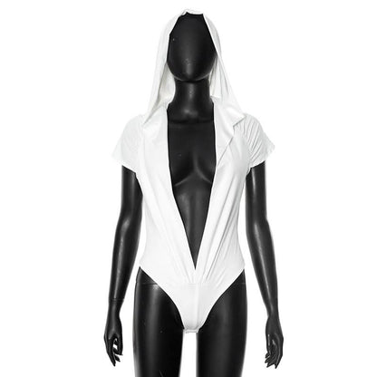 Hoodie short sleeve button deep v neck bodysuit