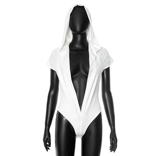 Hoodie short sleeve button deep v neck bodysuit