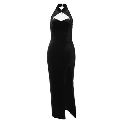 Hollow out slit halter irregular velvet cut out midi dress
