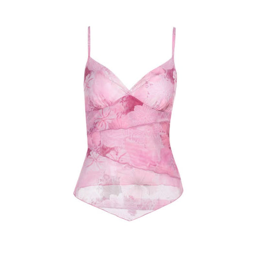 Mesh v neck flower print ruffle cami top