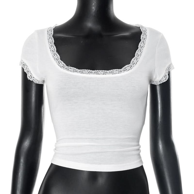 Lace hem short sleeve u neck solid top
