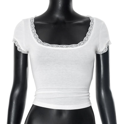Lace hem short sleeve u neck solid top