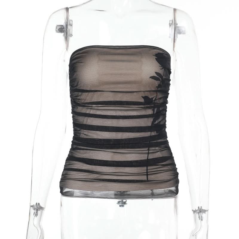 Ruched mesh flower pattern tube top