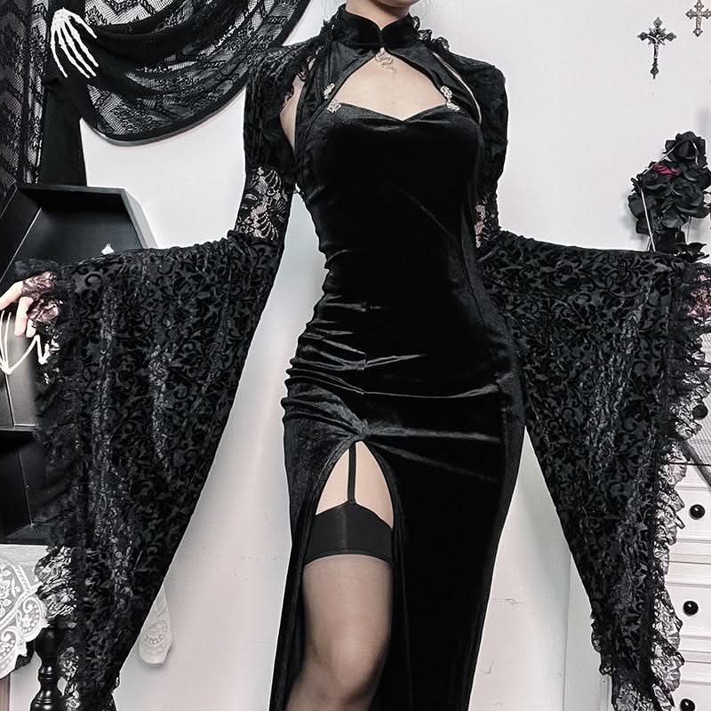 Hollow out slit halter irregular velvet cut out midi dress