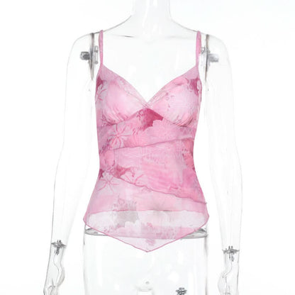 Mesh v neck flower print ruffle cami top