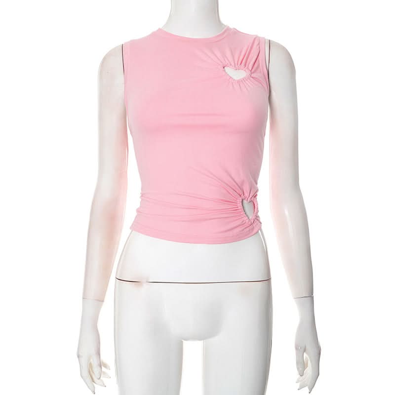 Crewneck ruched heart hollow out irregular cut out top