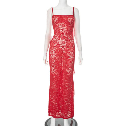Square neck lace flower applique midi dress
