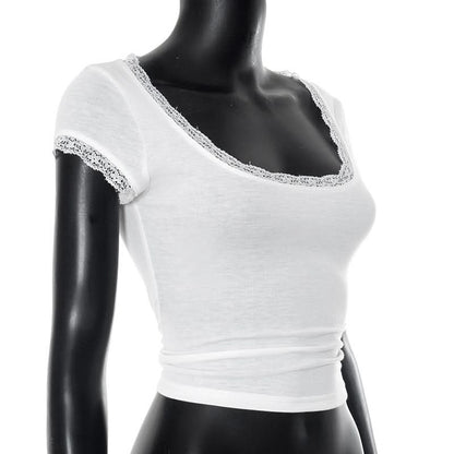 Lace hem short sleeve u neck solid top