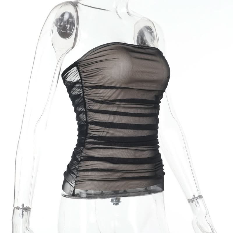 Ruched mesh flower pattern tube top