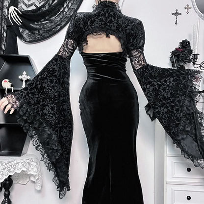 Hollow out slit halter irregular velvet cut out midi dress