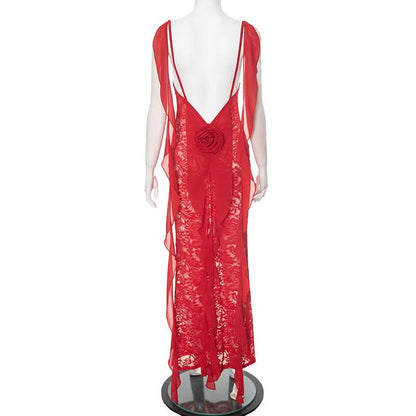 Square neck lace flower applique midi dress