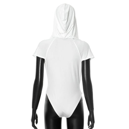 Hoodie short sleeve button deep v neck bodysuit