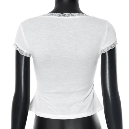 Lace hem short sleeve u neck solid top