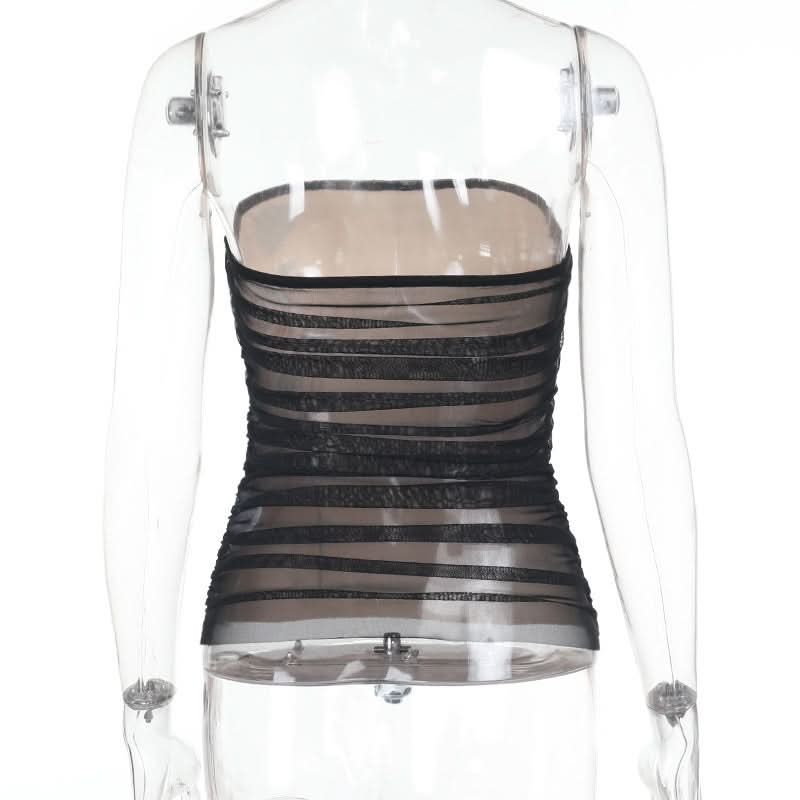 Ruched mesh flower pattern tube top