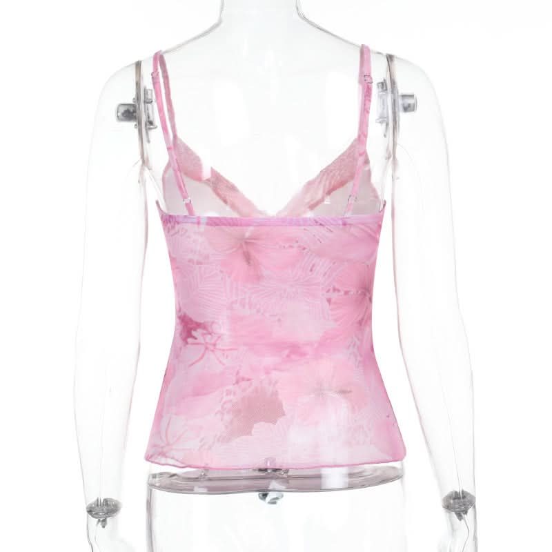 Mesh v neck flower print ruffle cami top