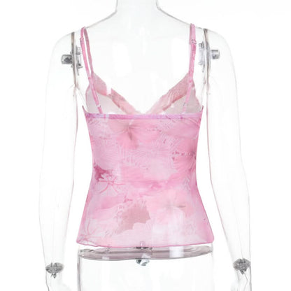 Mesh v neck flower print ruffle cami top