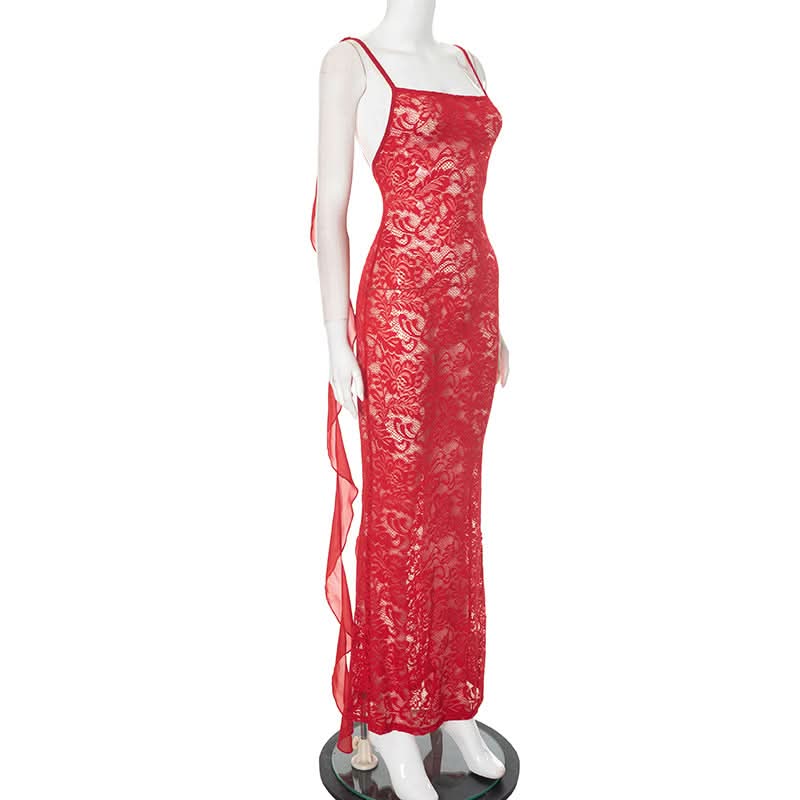 Square neck lace flower applique midi dress