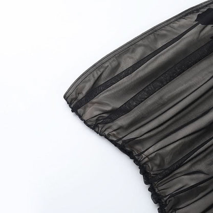 Ruched mesh flower pattern tube top
