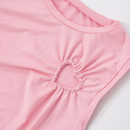 Crewneck ruched heart hollow out irregular cut out top
