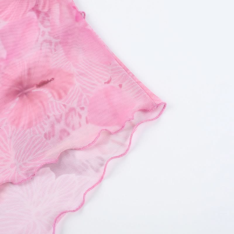 Mesh v neck flower print ruffle cami top