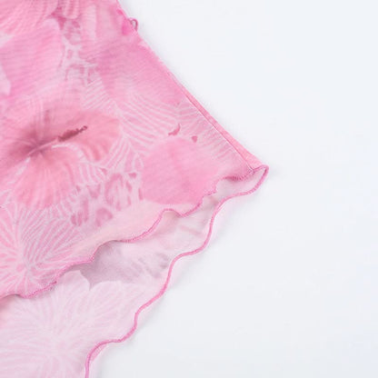 Mesh v neck flower print ruffle cami top