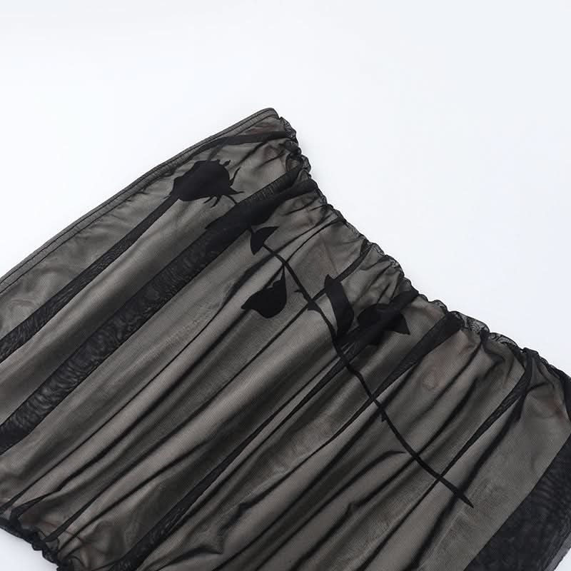 Ruched mesh flower pattern tube top