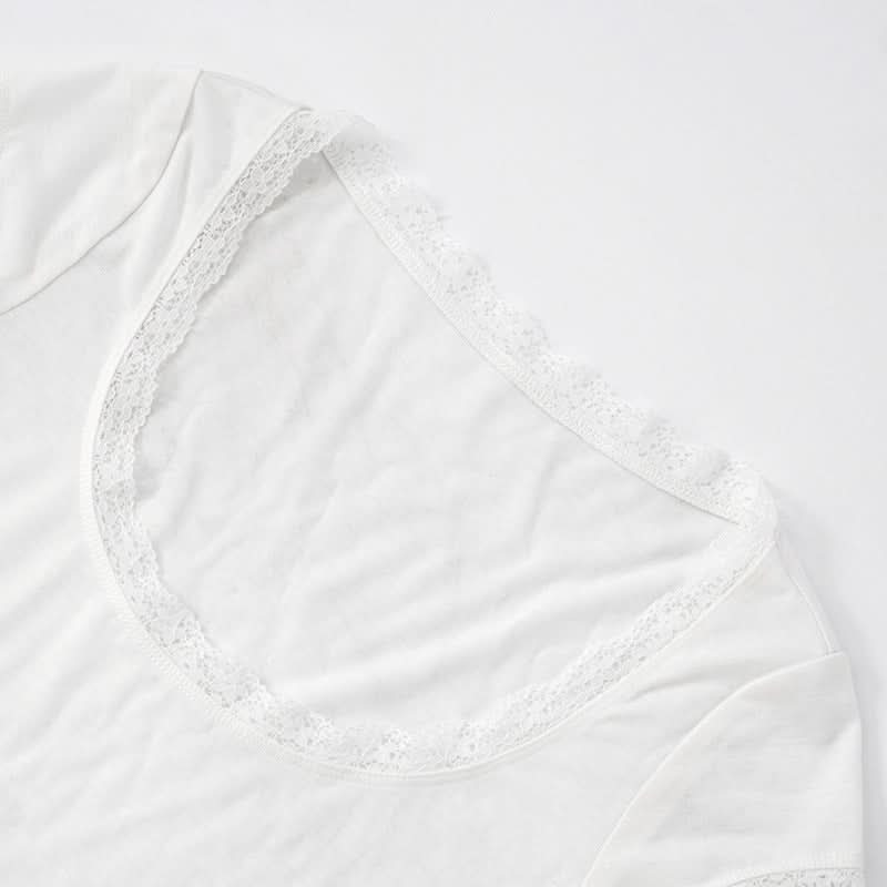 Lace hem short sleeve u neck solid top