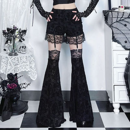 Black lace hem print medium rise pant