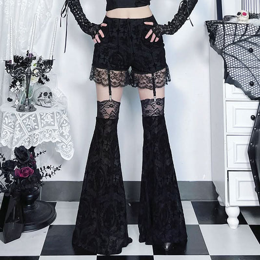 Black lace hem print medium rise pant