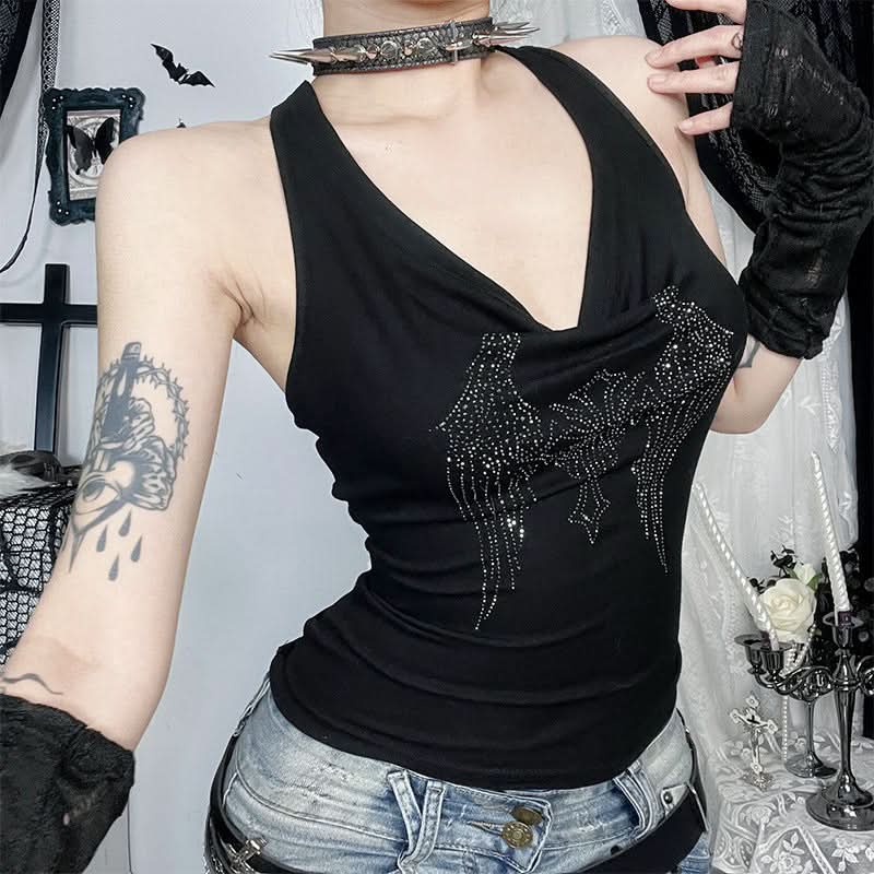 Cowl neck beaded cross pattern backless top