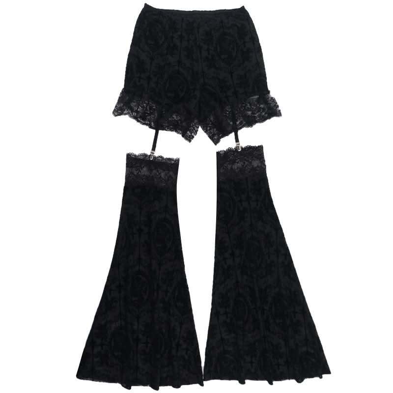Black lace hem print medium rise pant