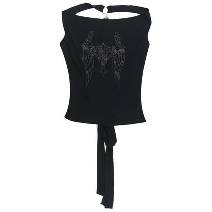 Cowl neck beaded cross pattern backless top