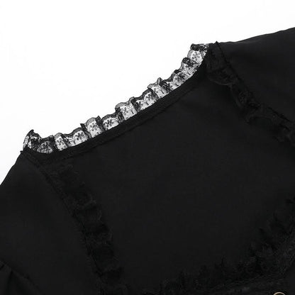 Short sleeve button lace hem pleated top