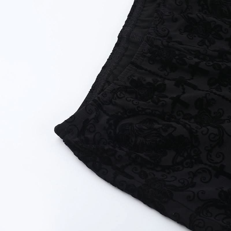 Black lace hem print medium rise pant