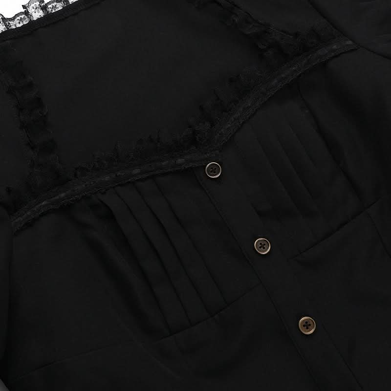 Short sleeve button lace hem pleated top
