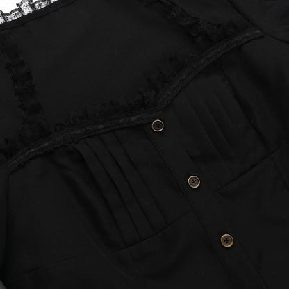 Short sleeve button lace hem pleated top