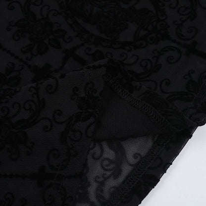 Black lace hem print medium rise pant