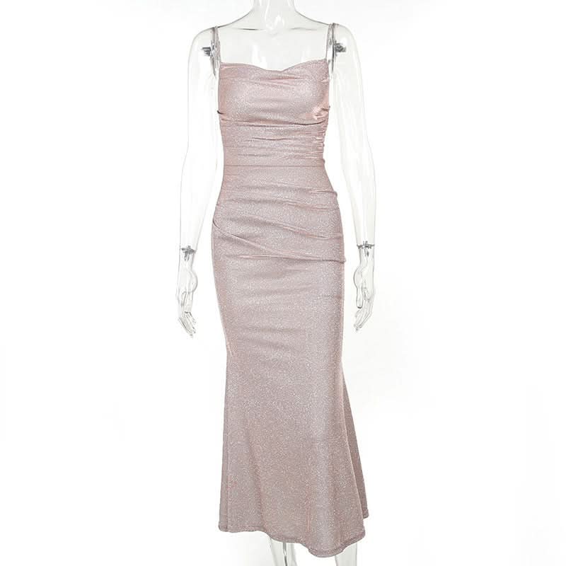 Ruched square neck backless cami midi dress