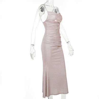 Ruched square neck backless cami midi dress