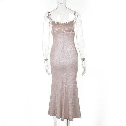 Ruched square neck backless cami midi dress