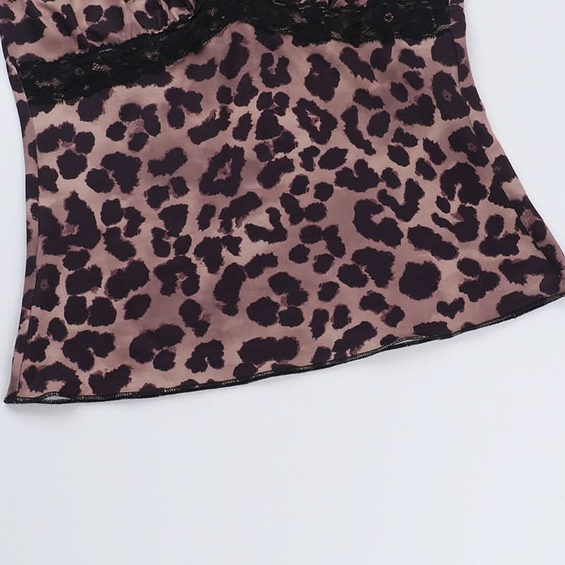 Leopard print lace hem v neck spaghetti strap top