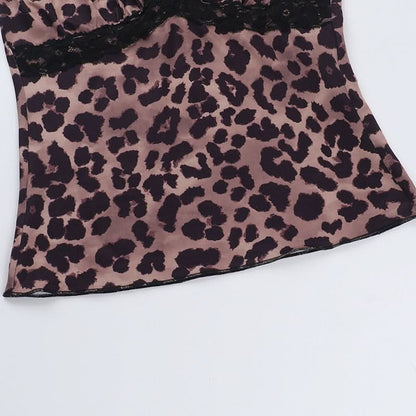 Leopard print lace hem v neck spaghetti strap top