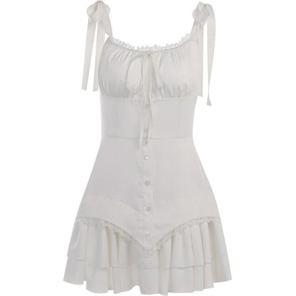 Self tie ruched lace hem zip-up cami mini dress