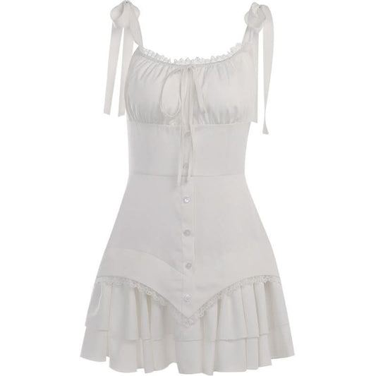 Self tie ruched lace hem zip-up cami mini dress