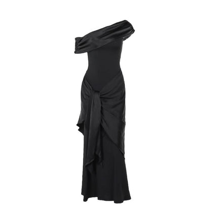 One shoulder ruched irregular satin maxi dress