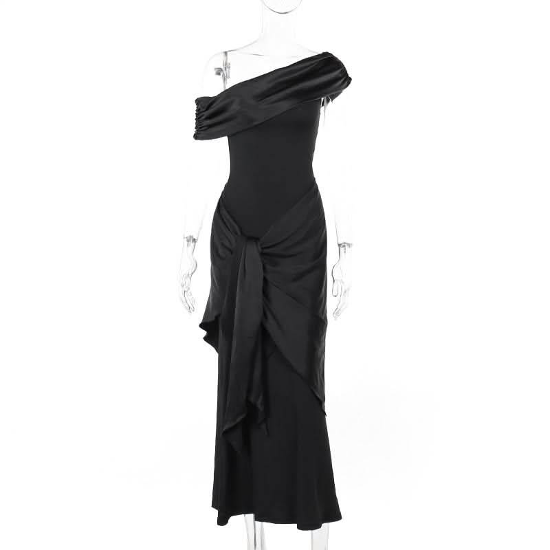 One shoulder ruched irregular satin maxi dress