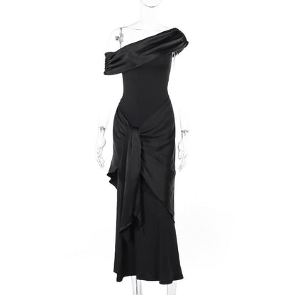 One shoulder ruched irregular satin maxi dress