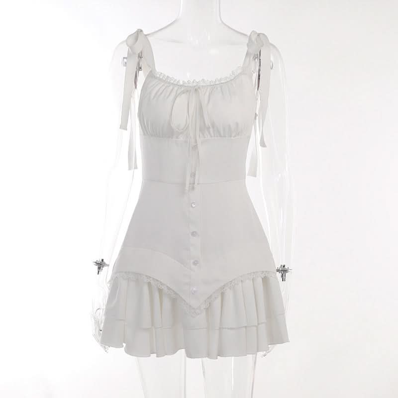 Self tie ruched lace hem zip-up cami mini dress